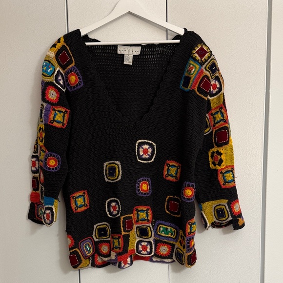 New York Style Ramie and Cotton Granny Square Knit Crochet Sweater Size M - Picture 1 of 14